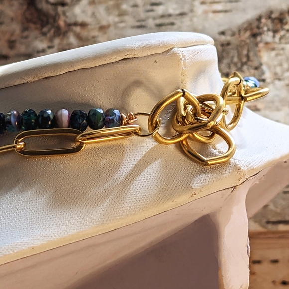 Blue Glass Czech Beads & Crystal Pendant In Two Strand Paperclip Necklace - Picture 5 of 10